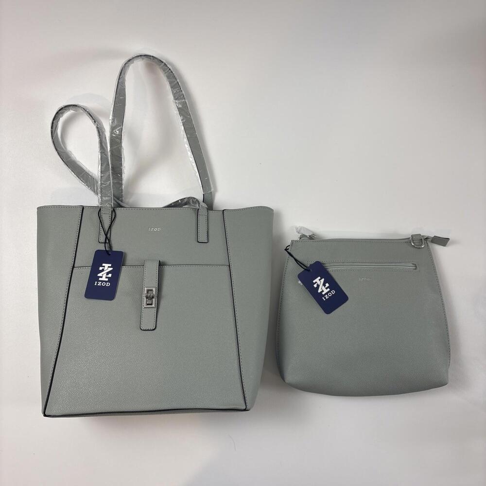 Lot Izod Sage Green Tote and Crossbody Bag Zipper Straps